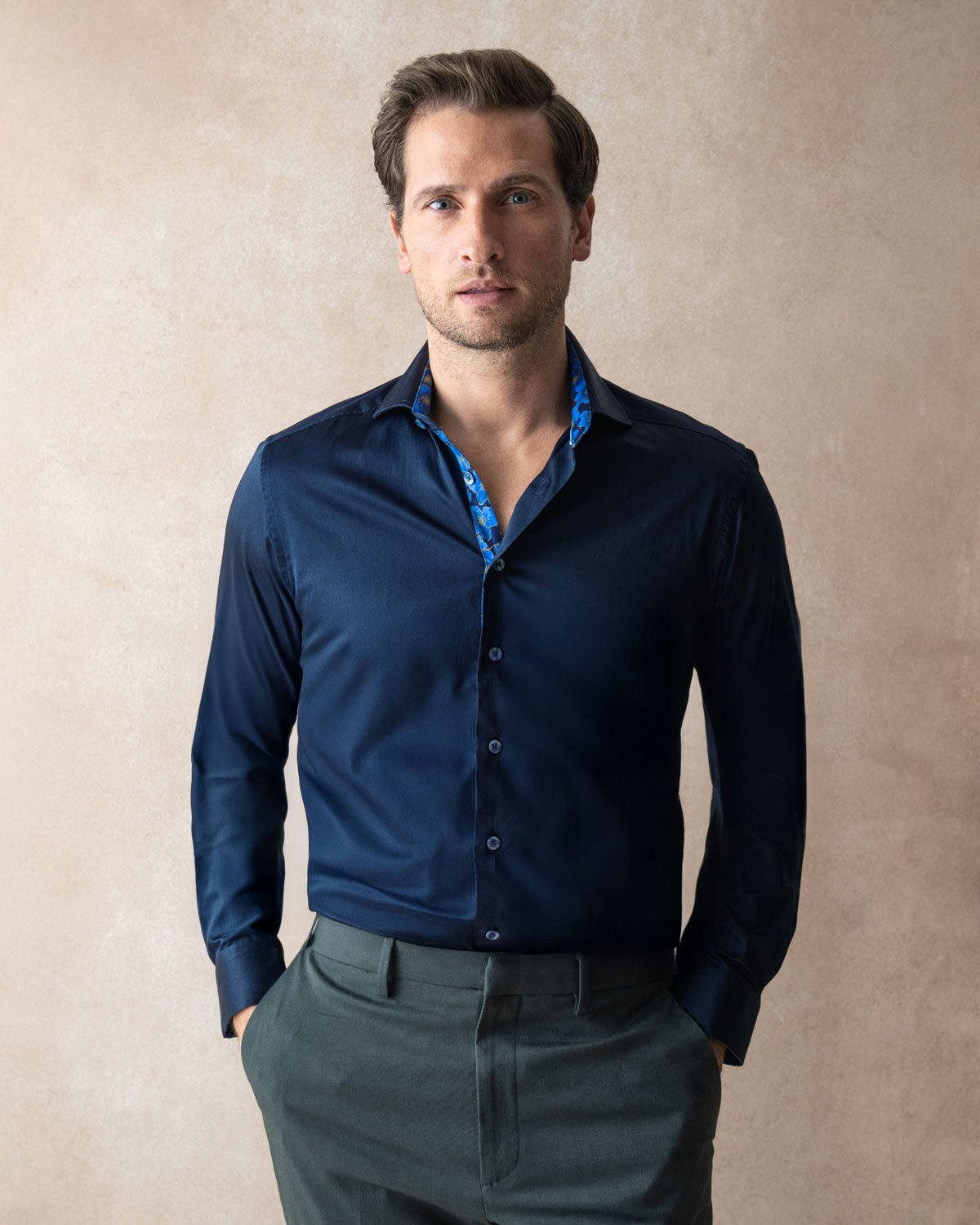 Navy Sateen Shirt with Flowers Under Moonlight Accents - Blake Mill