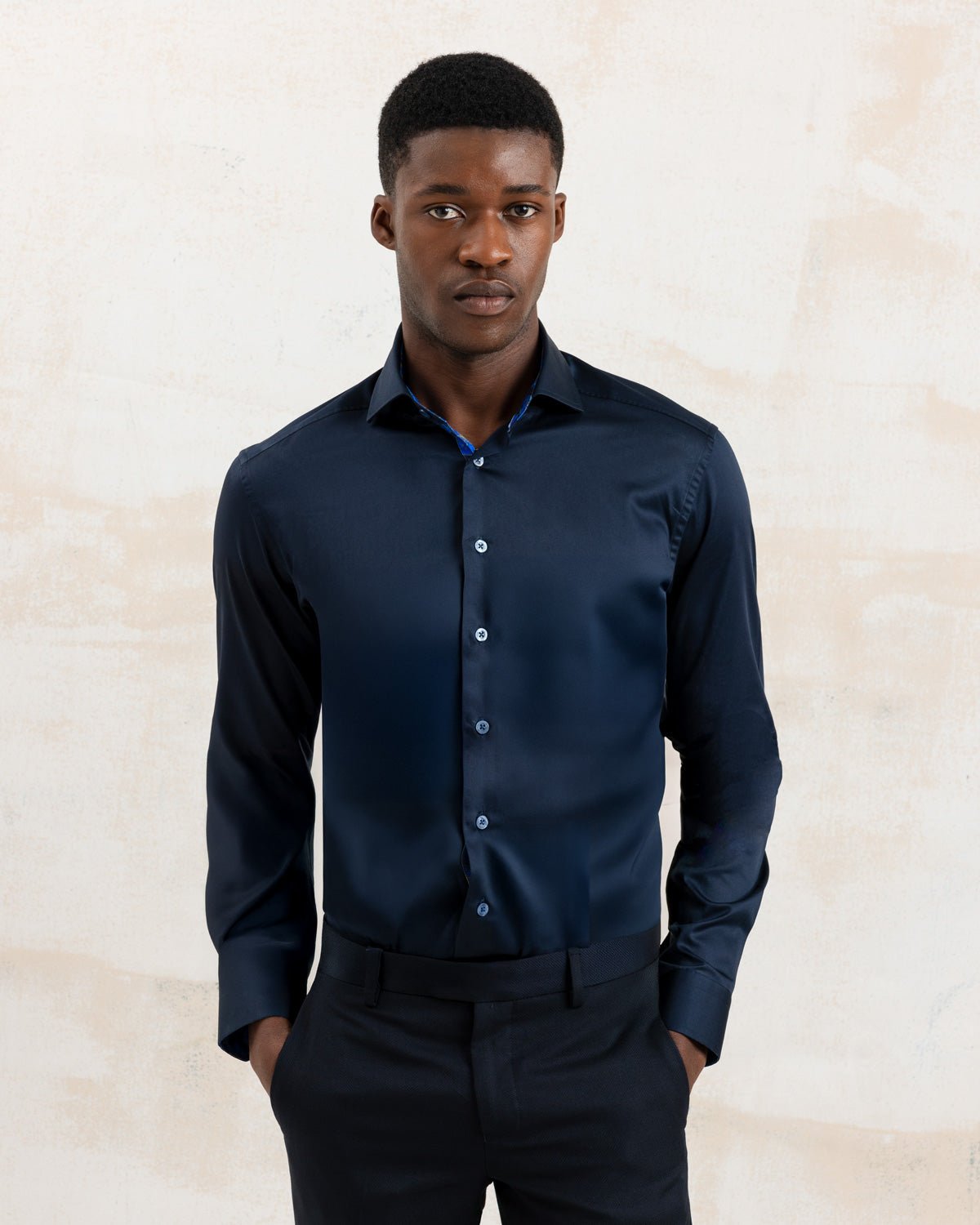 Navy Sateen Shirt with Flowers Under Moonlight Accents - Blake Mill