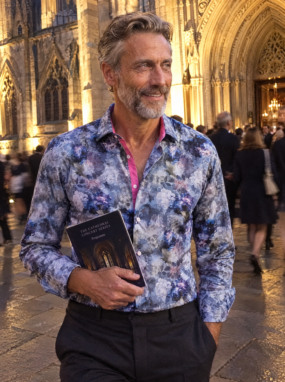 Man wearing the Phantom Garden shirt outside a cathedral