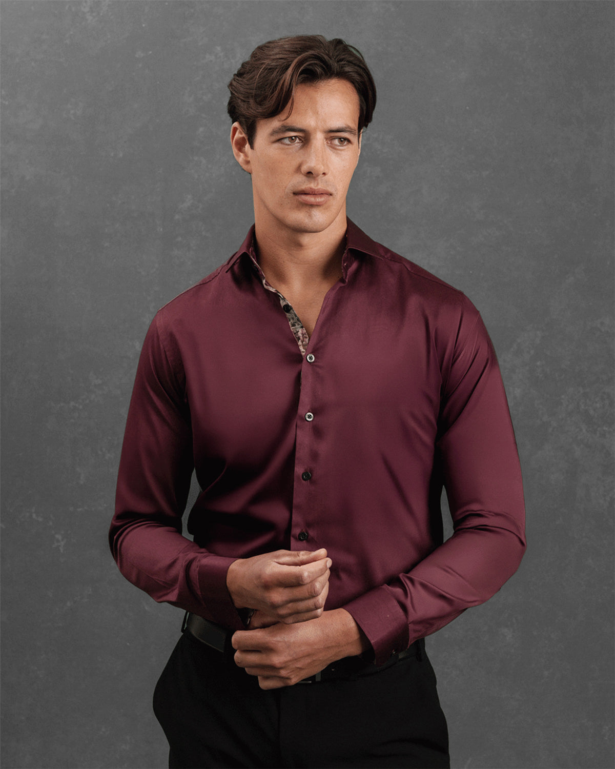 Burgundy Sateen Shirt with Roses Accents