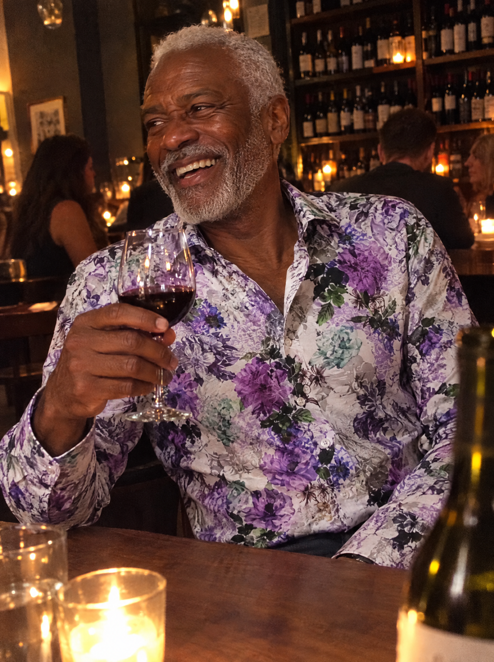 Man wearing the Tyrian Morphology shirt in a wine bar