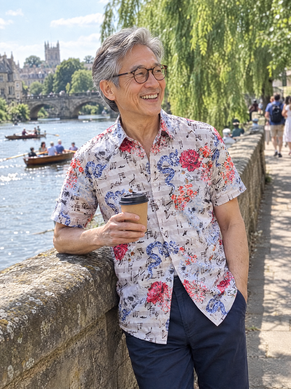 Man wearing the Vanitas Sonata (Cream) Short Sleeve Shirt by the river