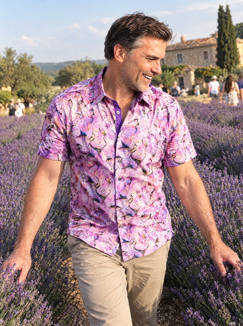 Man wearing the Violet Haze Short Sleeve shirt in a lavender field