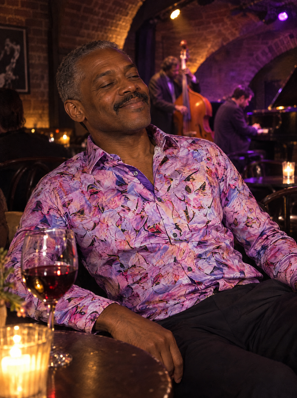Man wearing the Violet Haze Shirt in a jazz club