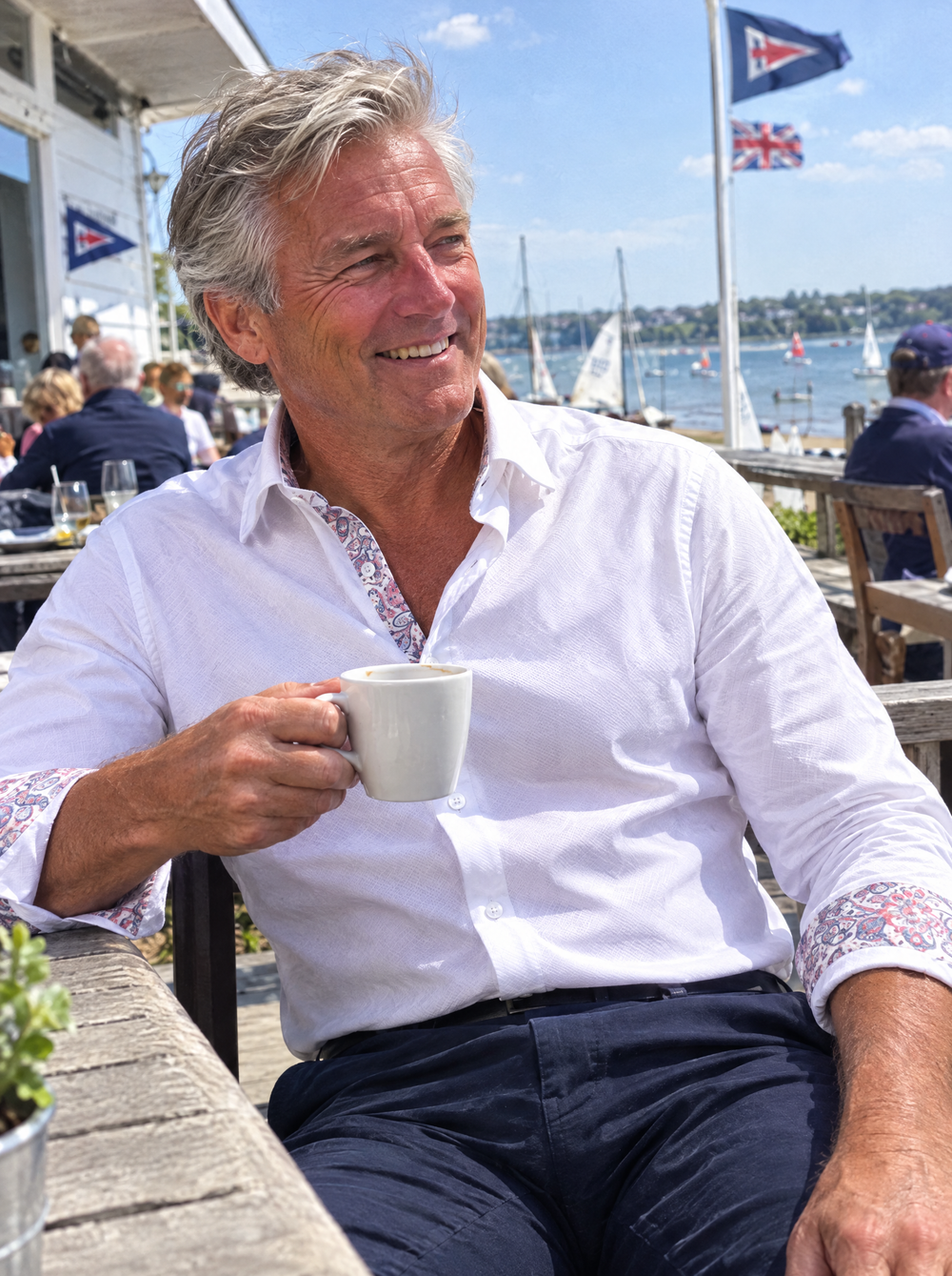 Man wearing the White Textured shirt with Persian Paisley Accents at a sailing club