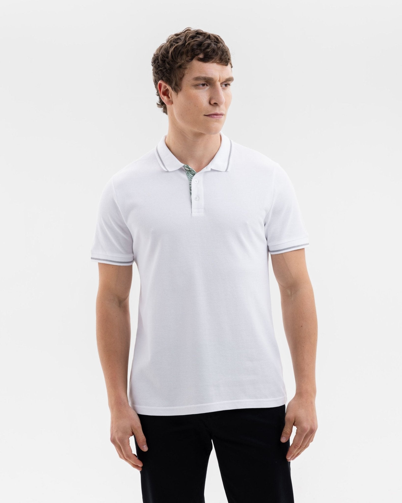 White Pique Polo with Laurel Leaves Accents - Blake Mill