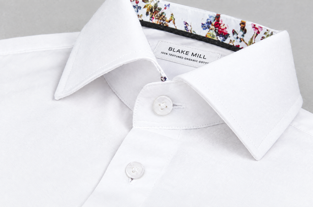 White Sateen shirt with Botanical Sakura Accents collar detail