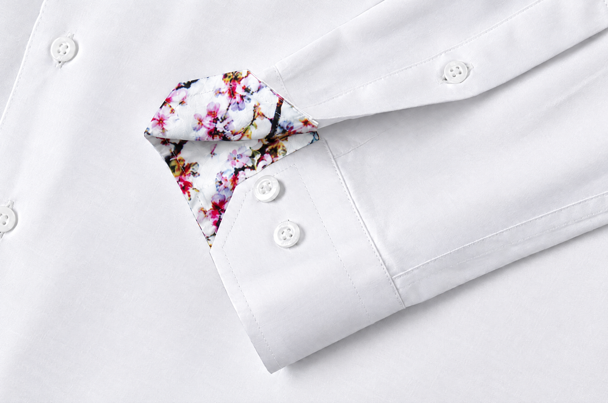 White Sateen Shirt with Botanical Sakura Accents mitred cuff with sakura lining