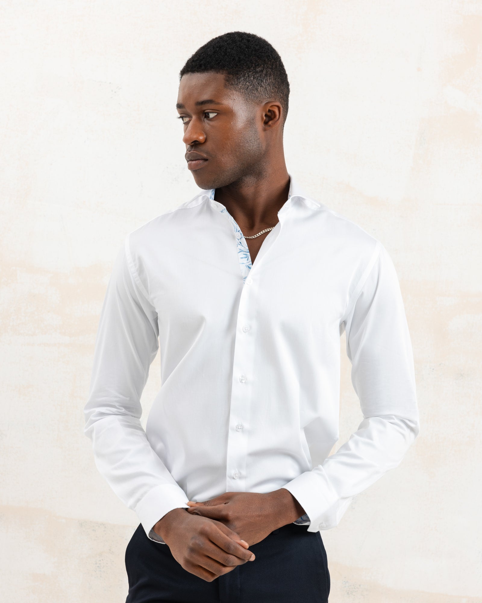 White Sateen Shirt with Blue Savanna Accents - Blake Mill