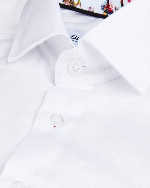 White Sateen Shirt with Botanical Sakura Accents - Blake Mill
