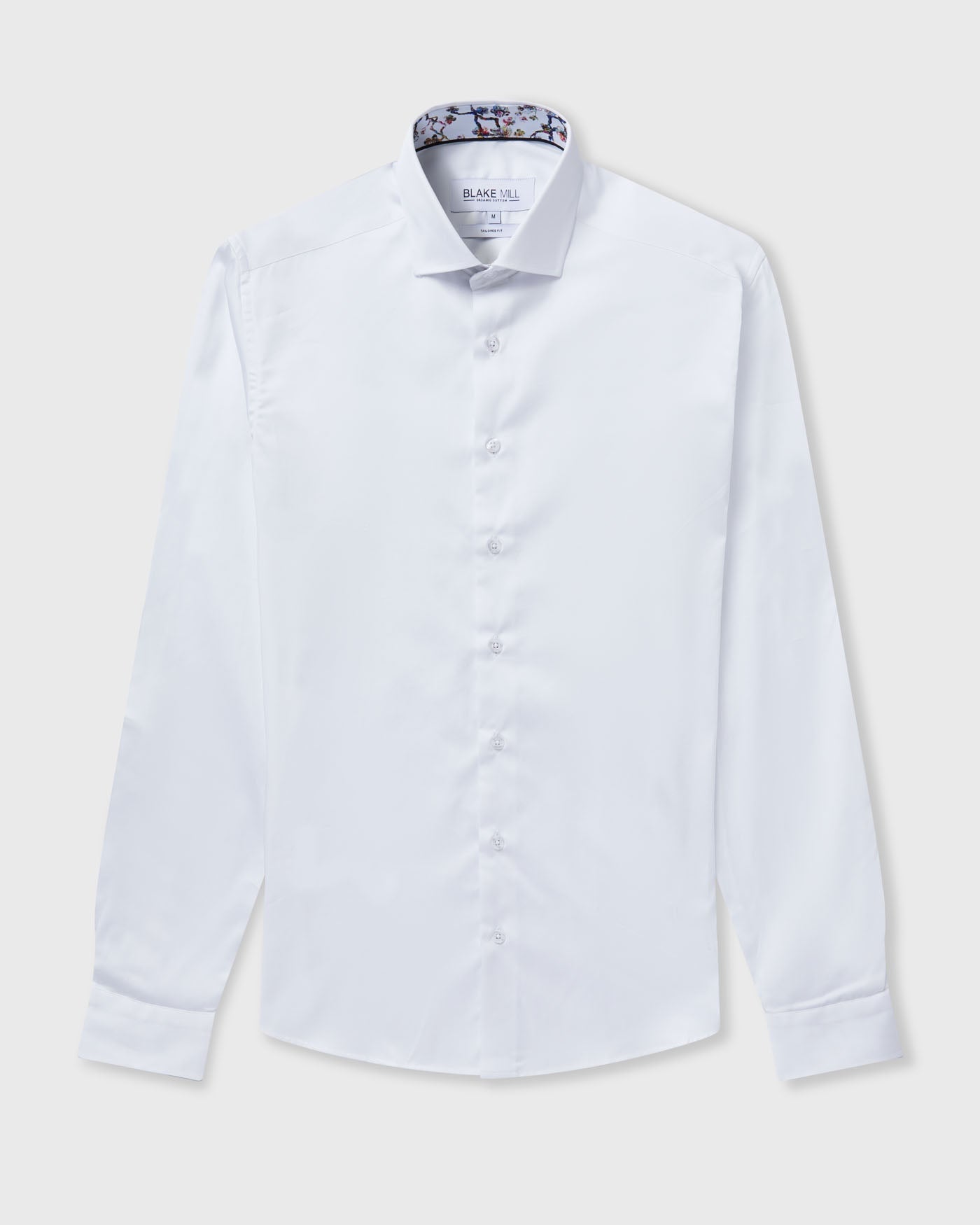White Sateen Shirt with Botanical Sakura Accents - Blake Mill