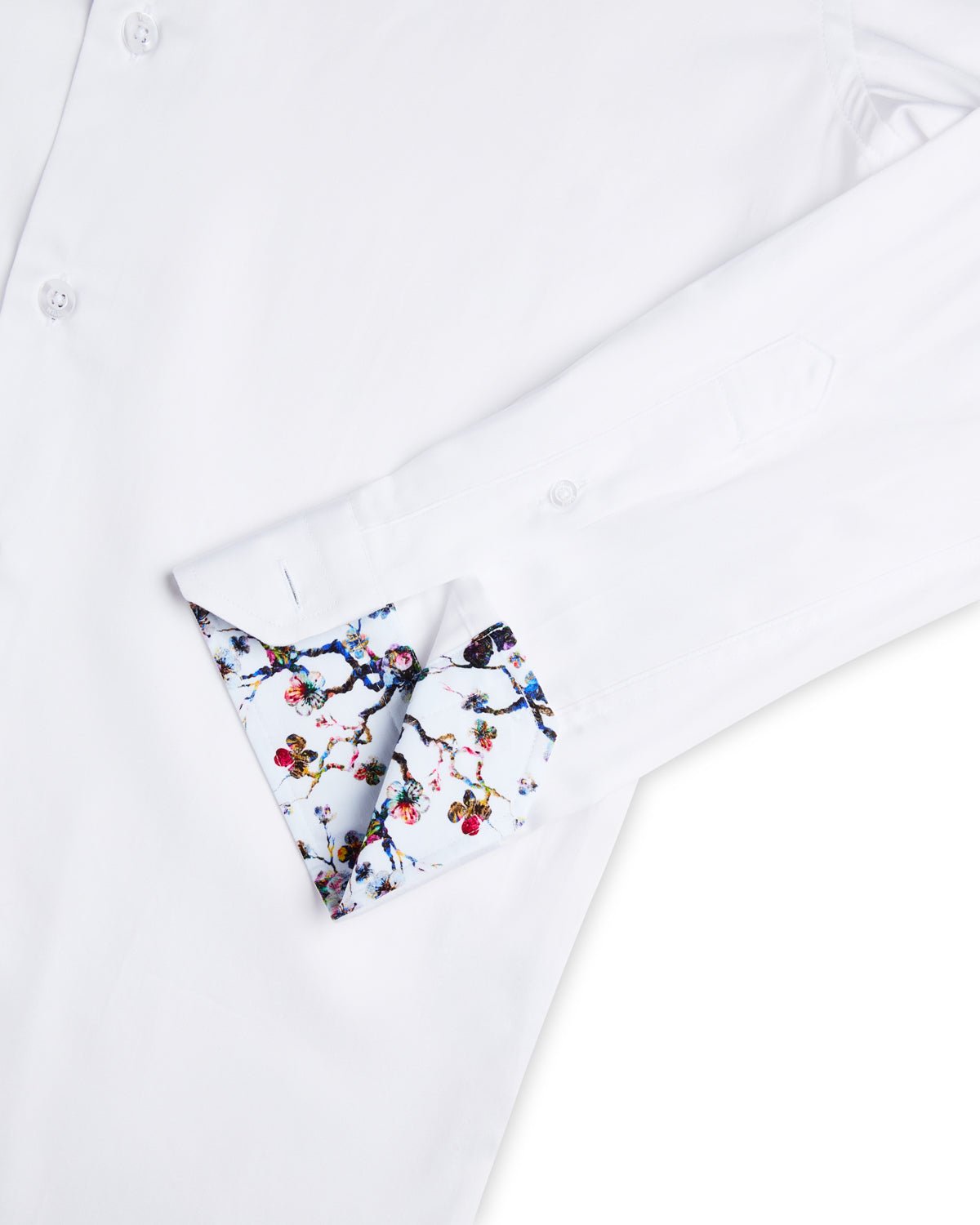 White Sateen Shirt with Botanical Sakura Accents - Blake Mill