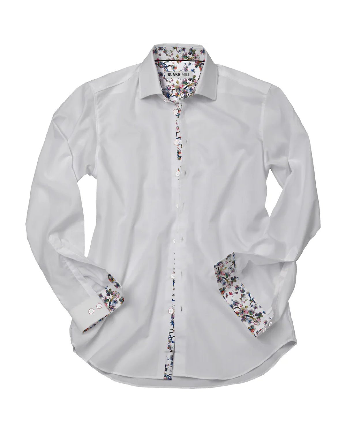 White Sateen Shirt with Botanical Sakura Accents - Blake Mill