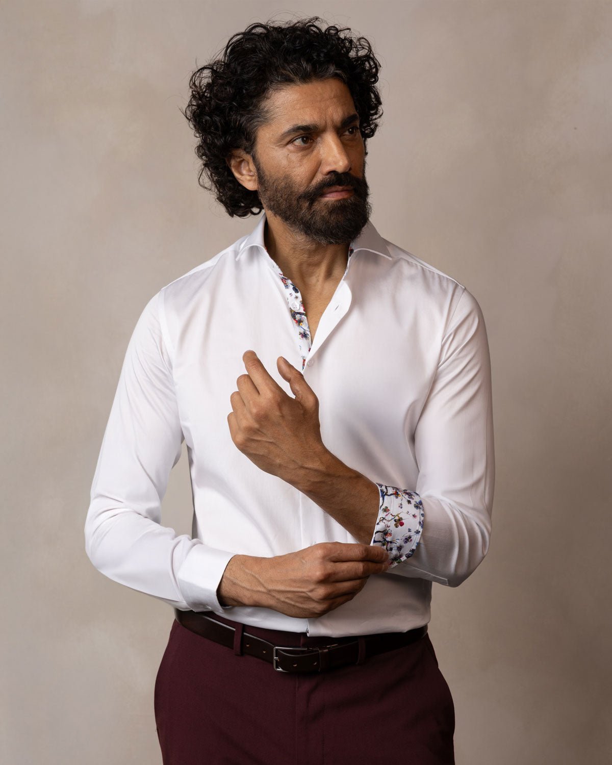 White Sateen Shirt with Botanical Sakura Accents - Blake Mill