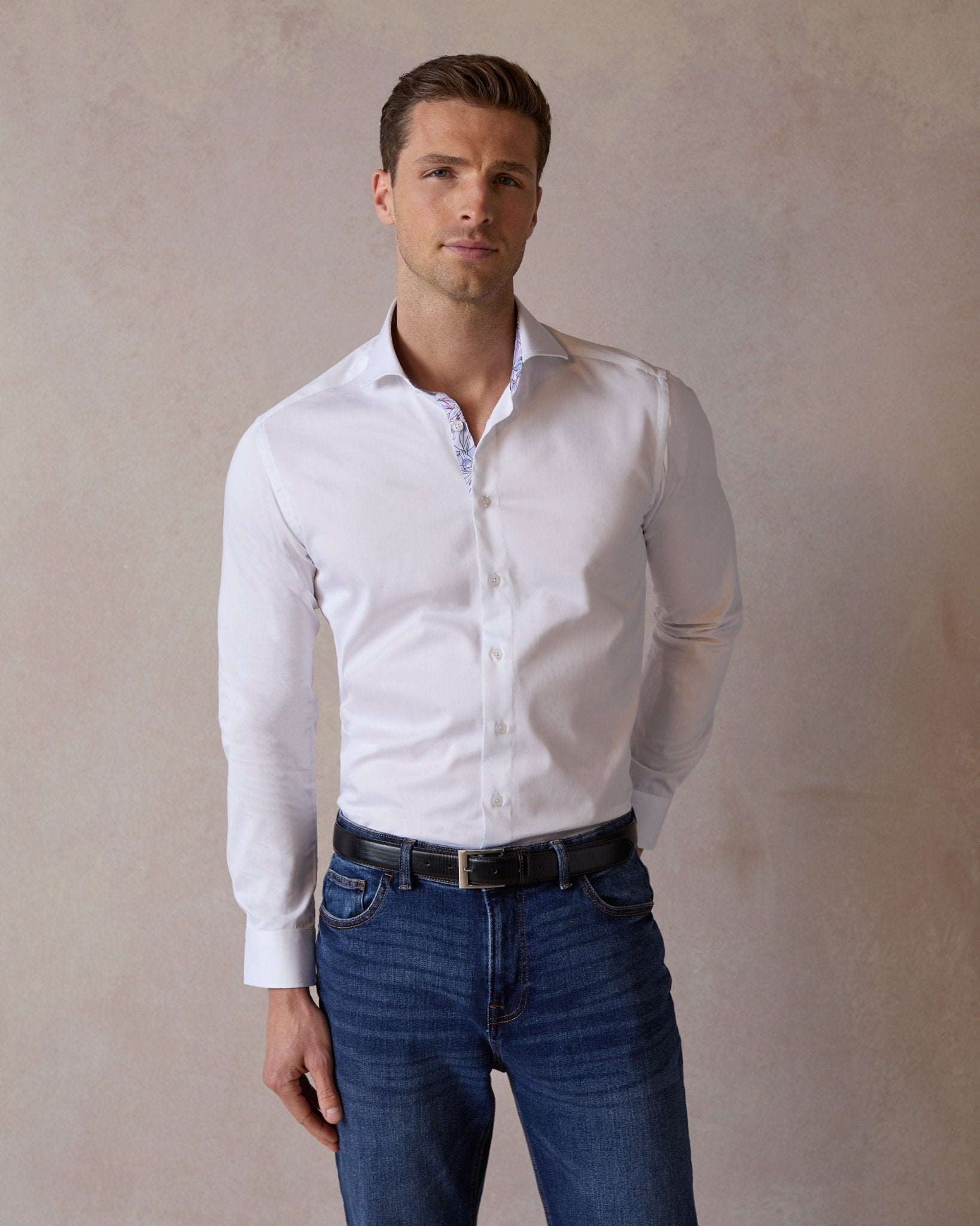 White Sateen Shirt with Muted Window Accent - Blake Mill