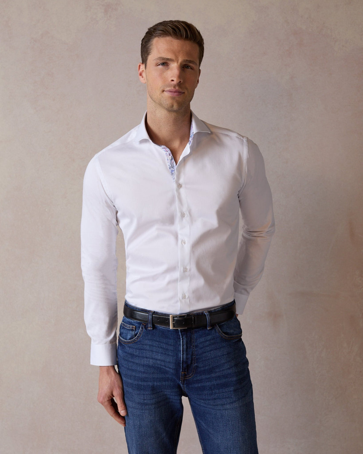White Sateen Shirt with Muted Window Accent - Blake Mill
