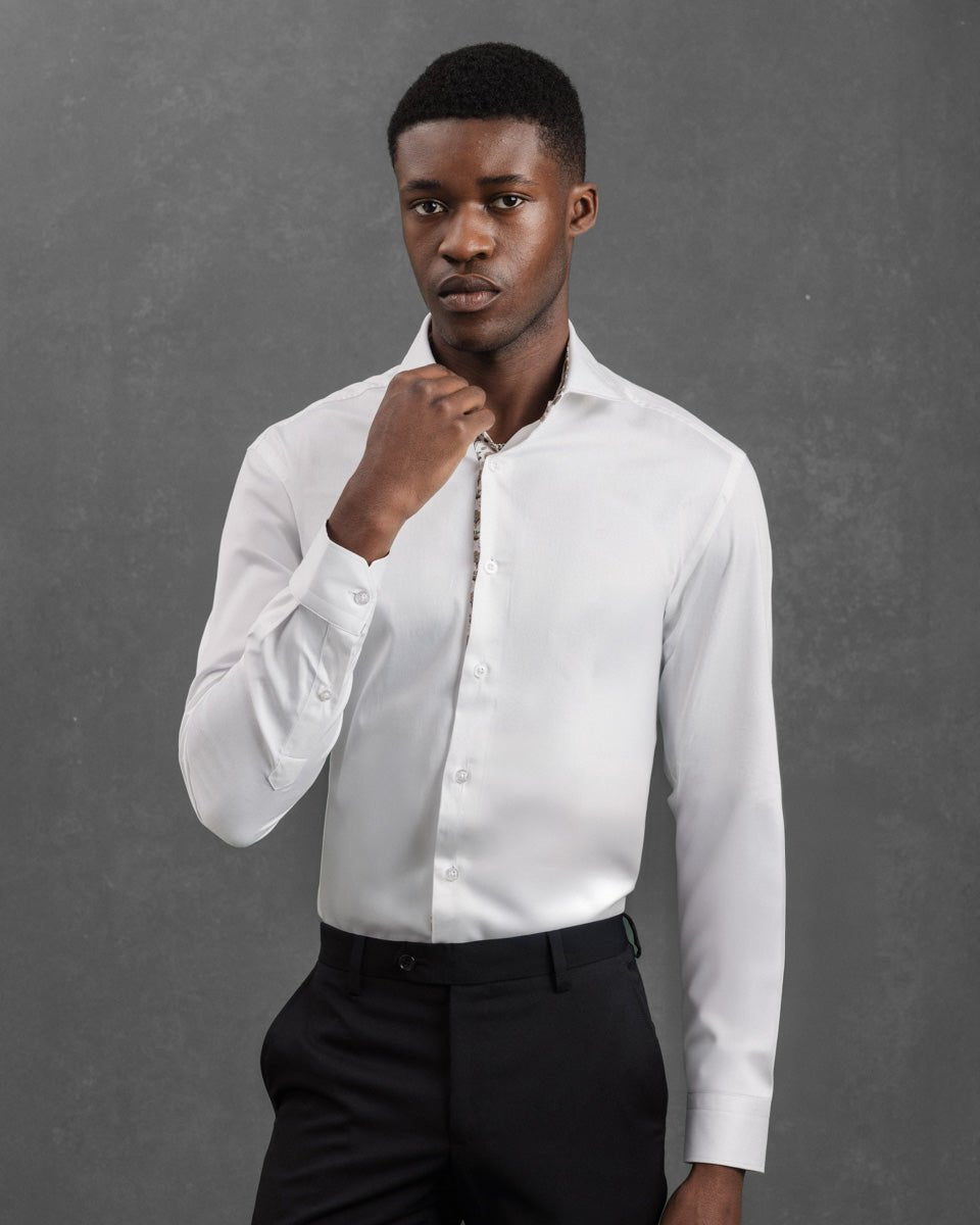 White Sateen Shirt with Yellow Flora Accents - Blake Mill