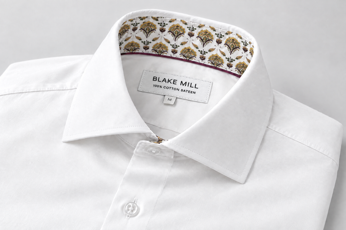 White Sateen shirt with Yellow Flora Accents collar detail