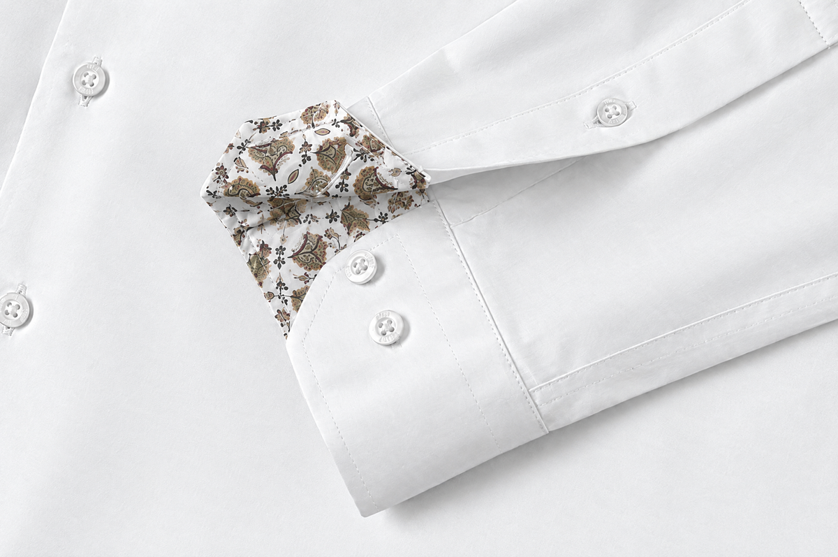 White Sateen shirt with Yellow Flora Accents mitred cuff with accent lining