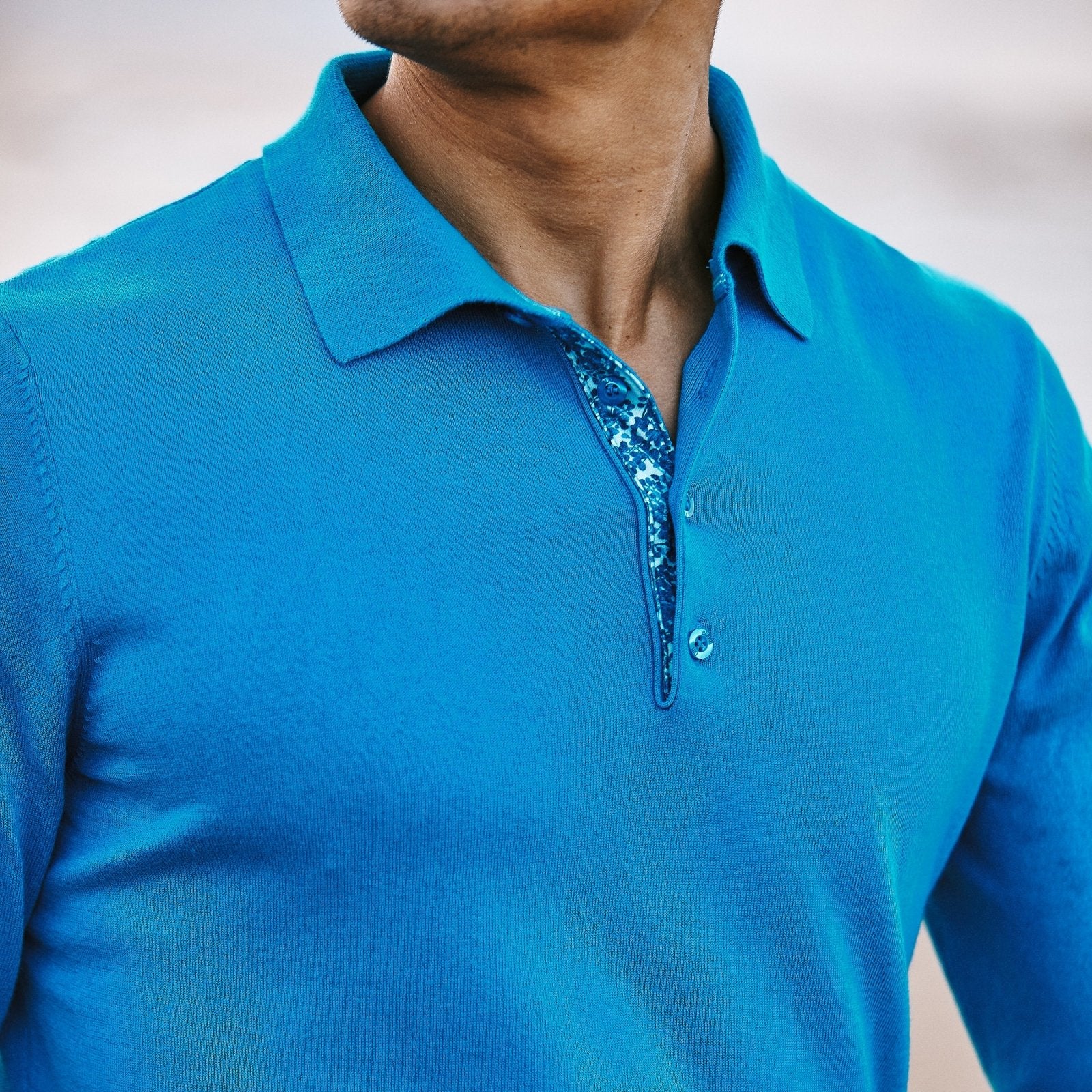 Blue Knit Polo with Blossom Accents - Blake Mill