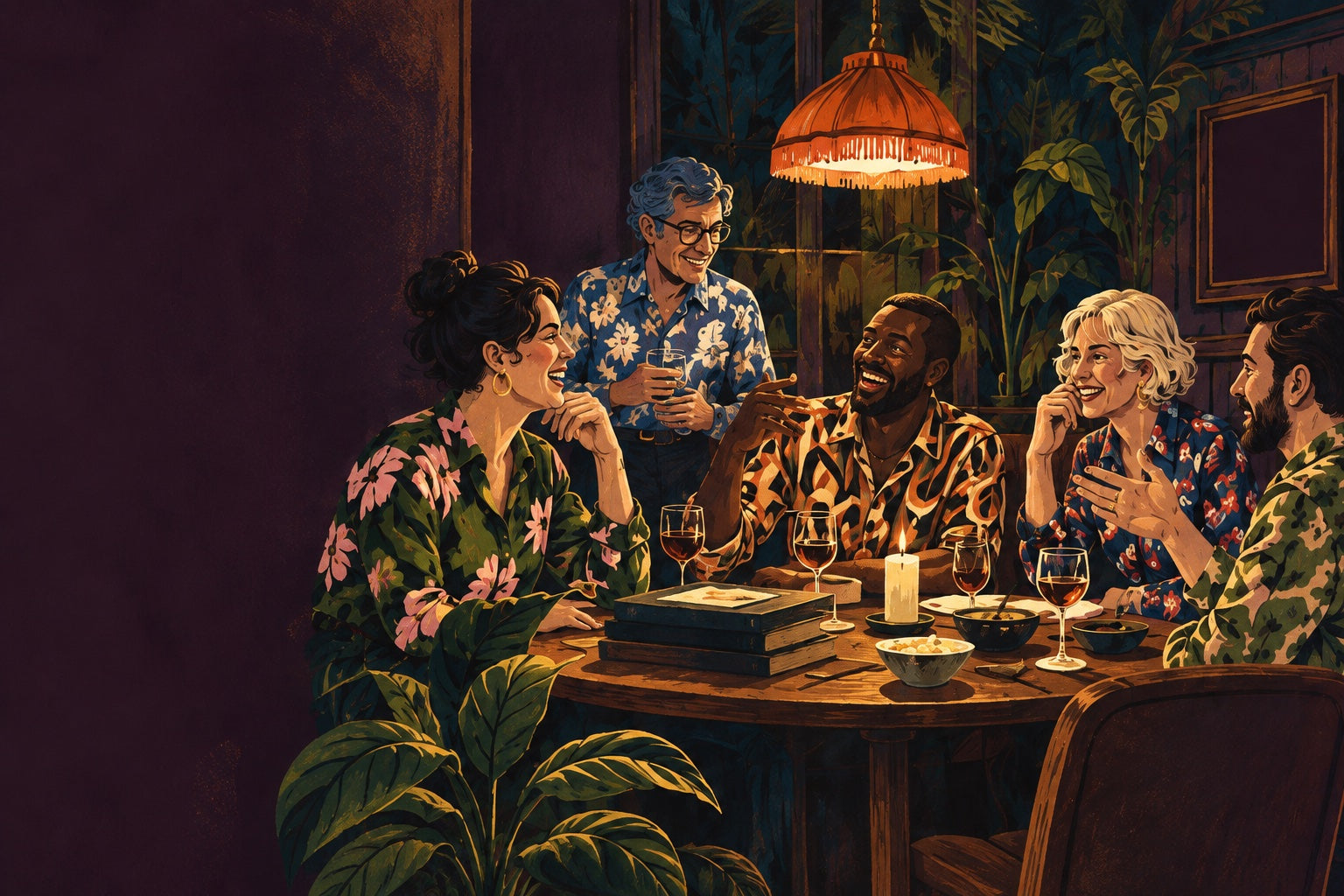 Friends sharing a lively conversation around a speakeasy table.